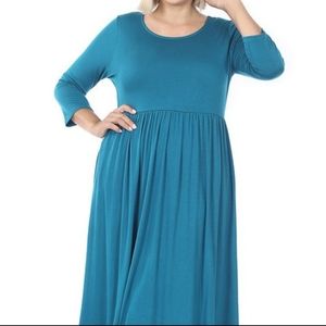 Zenana Outfitters Comfortable Teal Midi Dress 3/4 Sleeve
